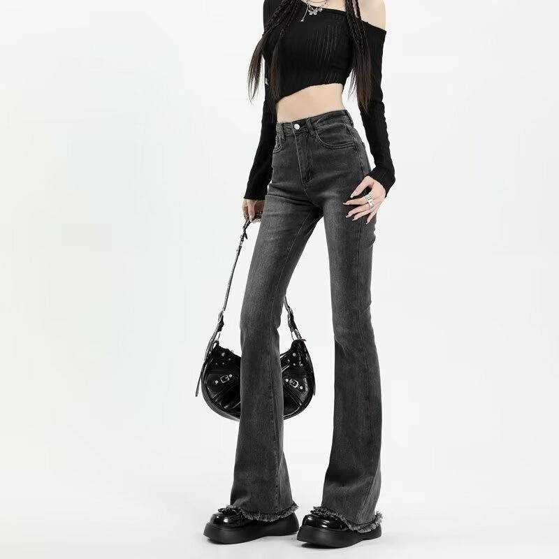 ChicShe Black Gray Frayed Hem Flared Jeans For Women Spring Autumn Guangzhou Source High Waist Slimming Plus Size Stretchy Bell_ecoleips.com