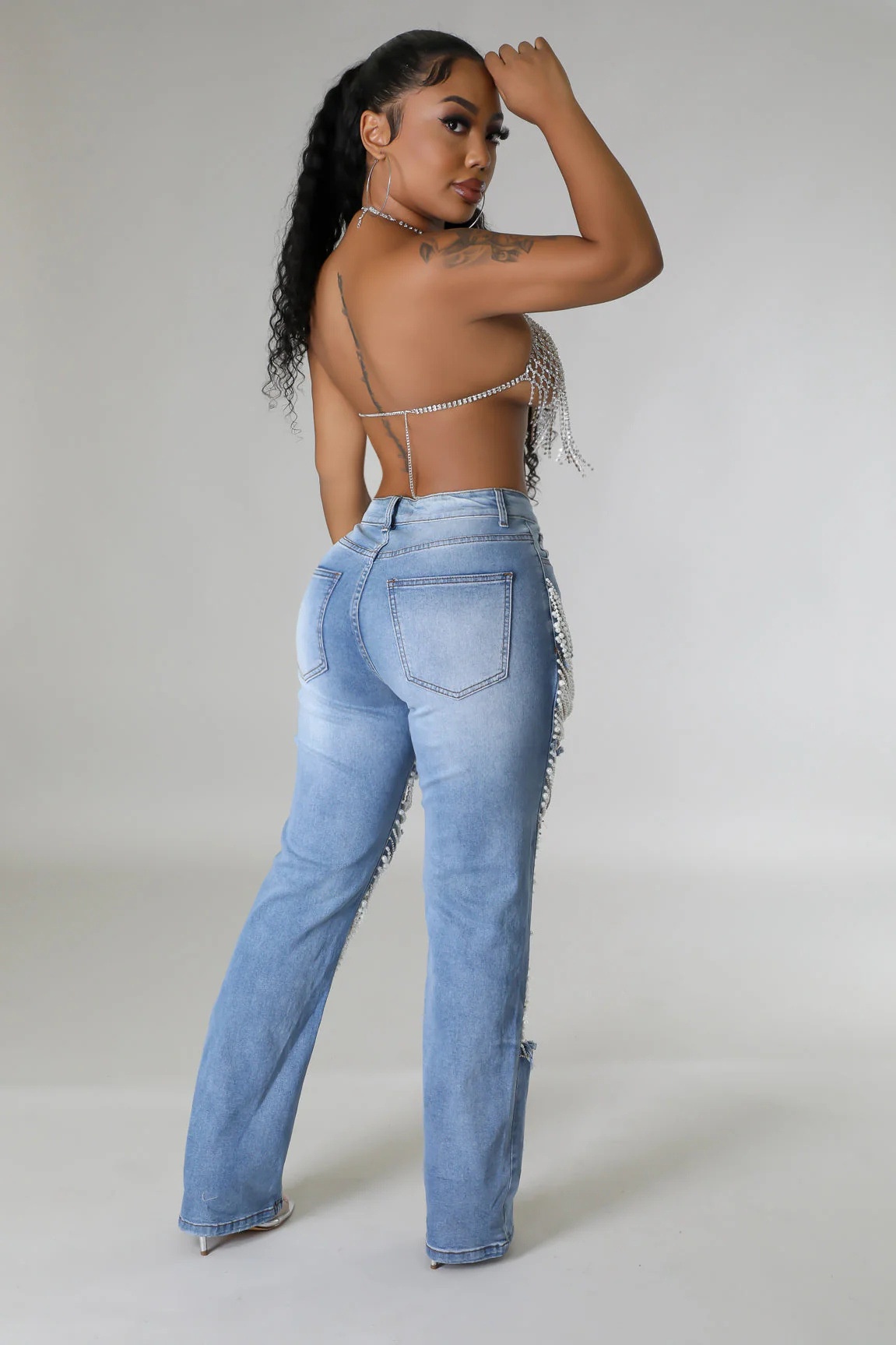 ChicShe Spicy Girl Zomer Europese en Amerikaanse Cross-Border Distressed Heavy Beaded Elastische Jeans Lange Broek Dames JEANS_voghion.com