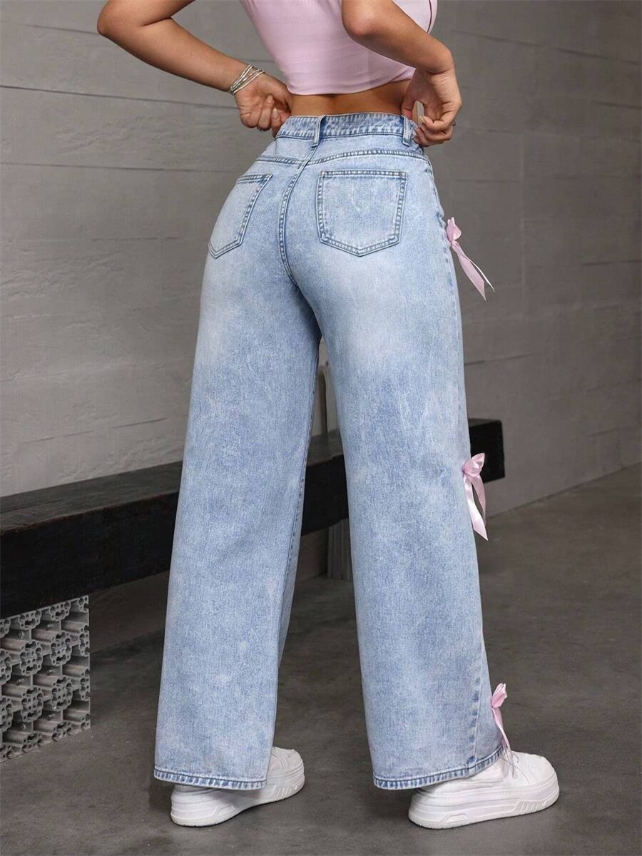 ChicShe Cross-Border Y2K Street Style Hot Girl Bow Washed Jeans Loose Straight Wide-Leg Pants JEANS_voghion.com