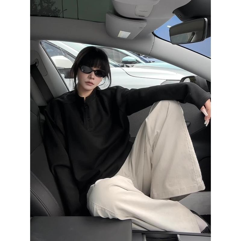 boy Henry Collar Regular Shoulder Sweatshirt For Men, Autumn Cleanfit American Style Deconstructed Patchwork Design Long_voghion.com