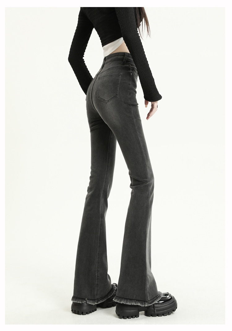 ChicShe Vintage High-Waisted Jeans voor dames 2025 Herfst Nieuwe Small Slim Fit Gerafelde Uitlopende Broek_voghion.com