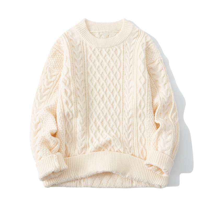 boy Boy Boy Boy Twist Sweater For Men, Autumn And Winter New Retro Japanese Style Round Neck Loose Fit, Fleece Lined, Thickened Sweater,_voghion.com