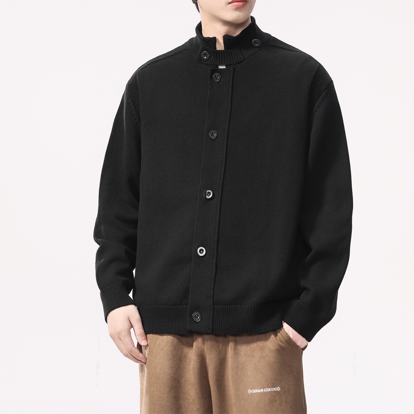 boy Boy Boy Boy 2025 Autumn Winter New Japanese Style Solid Color Stand Collar Cardigan Sweater Jacket Men Loose Casual Top_voghion.com