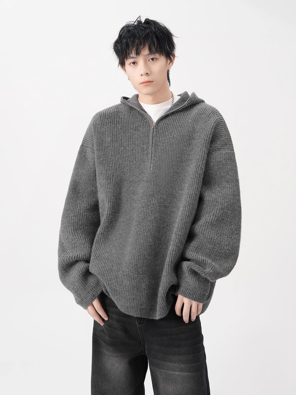 boy Boy Boy Boy Half-Zip Hooded Sweater For Men, Autumn Trendy Loose Cleanfit Knitwear, Lazy High-End Feel Couple's Jacket_voghion.com