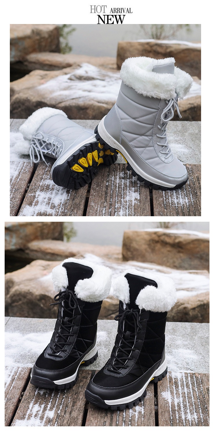 Zees 2025 Damen-Winterskischuhe, warm mit Fleece gefüttert, hohe Schnürschuhe aus Baumwolle, rutschfeste Wanderschuhe_voghion.com