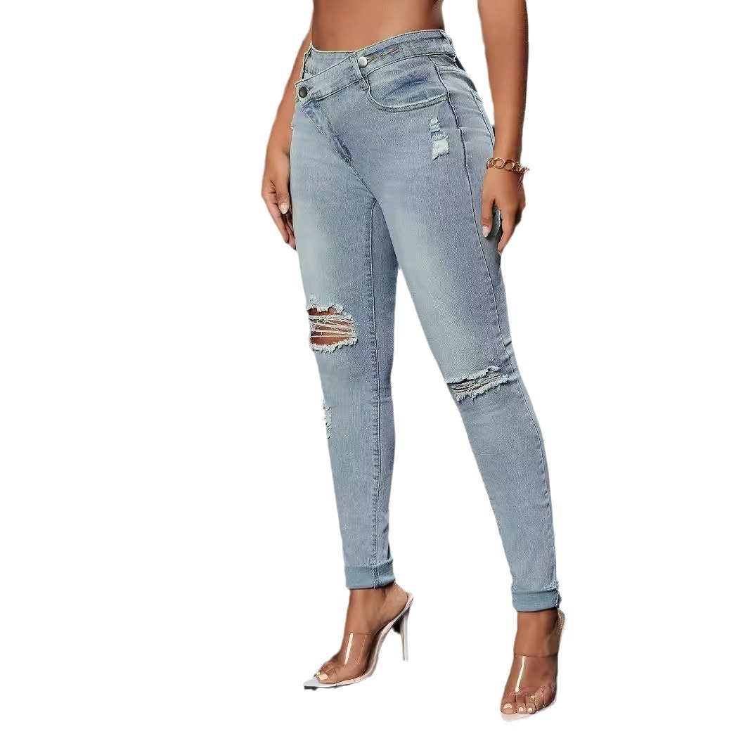 ChicShe Lichte Kleur Hoge Taille Jeans Dames Europees Amerikaans Grensoverschrijdend 2025 Nieuwe Elastische Slim Fit Gescheurde Skinny Broek_voghion.com