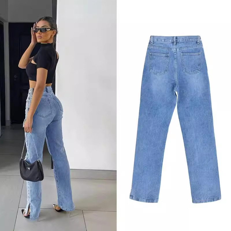 ChicShe European American Women's Fashion High Waist Slimming Straight Leg Jeans Floor-Length With Ripped Cuffs And Slit Hem_voghion.com