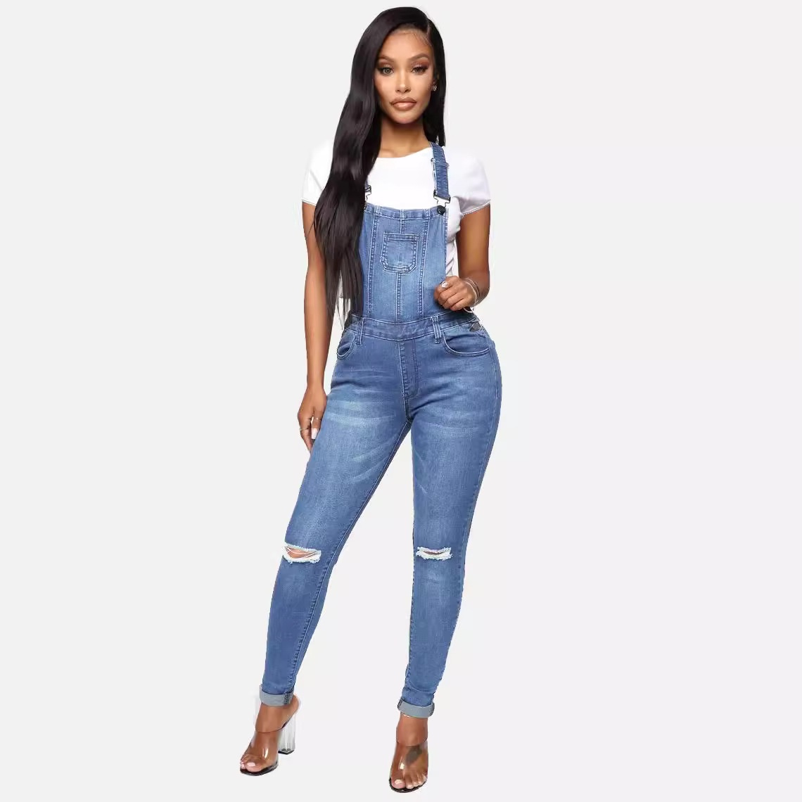 ChicShe 2023 Women's In-Stock European And American Cross-Border Distressed Washed Jeans Overalls_voghion.com