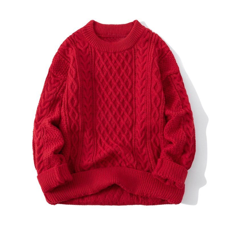 boy Boy Boy Boy Twist Sweater For Men, Autumn And Winter New Retro Japanese Style Round Neck Loose Fit, Fleece Lined, Thickened Sweater,_voghion.com