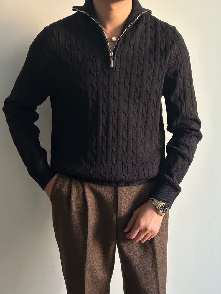 Pull demi-zip pour homme, collection automne 2024, style coréen, polyvalent, en maille épaisse à torsades, col rabattu._voghion.com