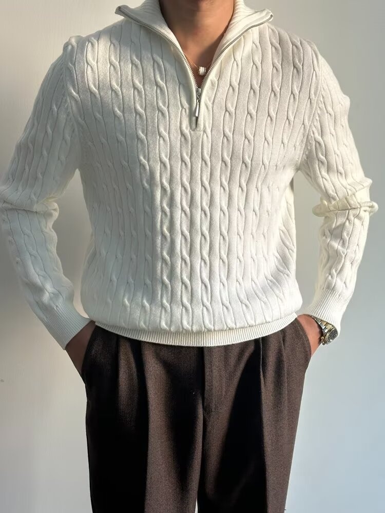 Pull demi-zip pour homme, collection automne 2024, style coréen, polyvalent, en maille épaisse à torsades, col rabattu._voghion.com
