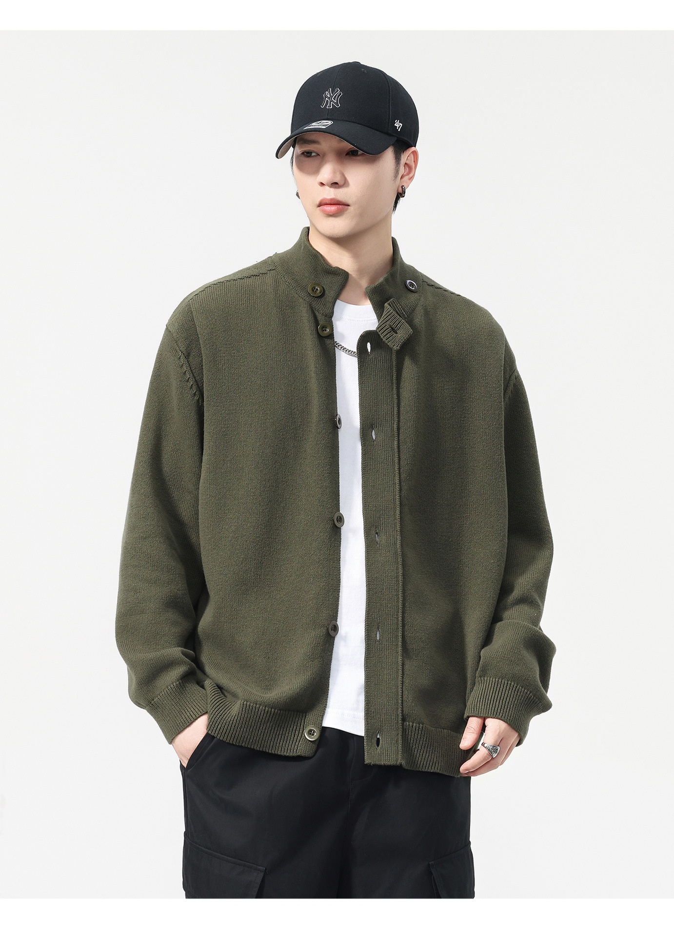 boy Boy Boy Boy 2025 Autumn Winter New Japanese Style Solid Color Stand Collar Cardigan Sweater Jacket Men Loose Casual Top_voghion.com