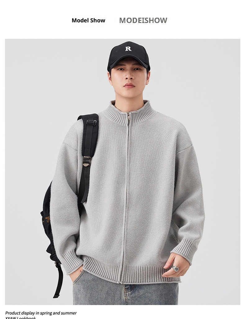 boy Boy Boy Boy Japanese Style Solid Color Heavyweight Zipper Cardigan Knitwear Versatile Casual Autumn Winter Light Sweater_voghion.com