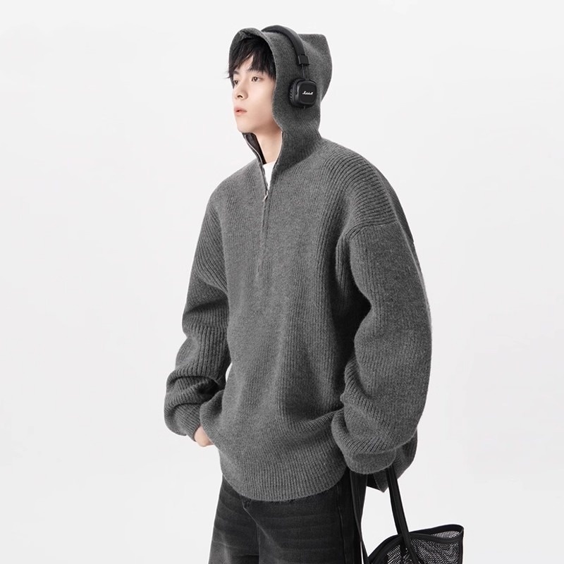 boy Boy Boy Boy Half-Zip Hooded Sweater For Men, Autumn Trendy Loose Cleanfit Knitwear, Lazy High-End Feel Couple's Jacket_voghion.com