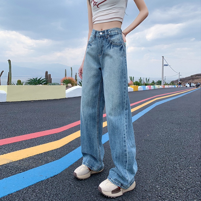 ChicShe 2025 Lente Zomer Nieuwe Amerikaanse Retro Gewassen Losse Rechte Jeans Voor Vrouwen Veelzijdige Gedrapeerde Wijde Broek_voghion.com