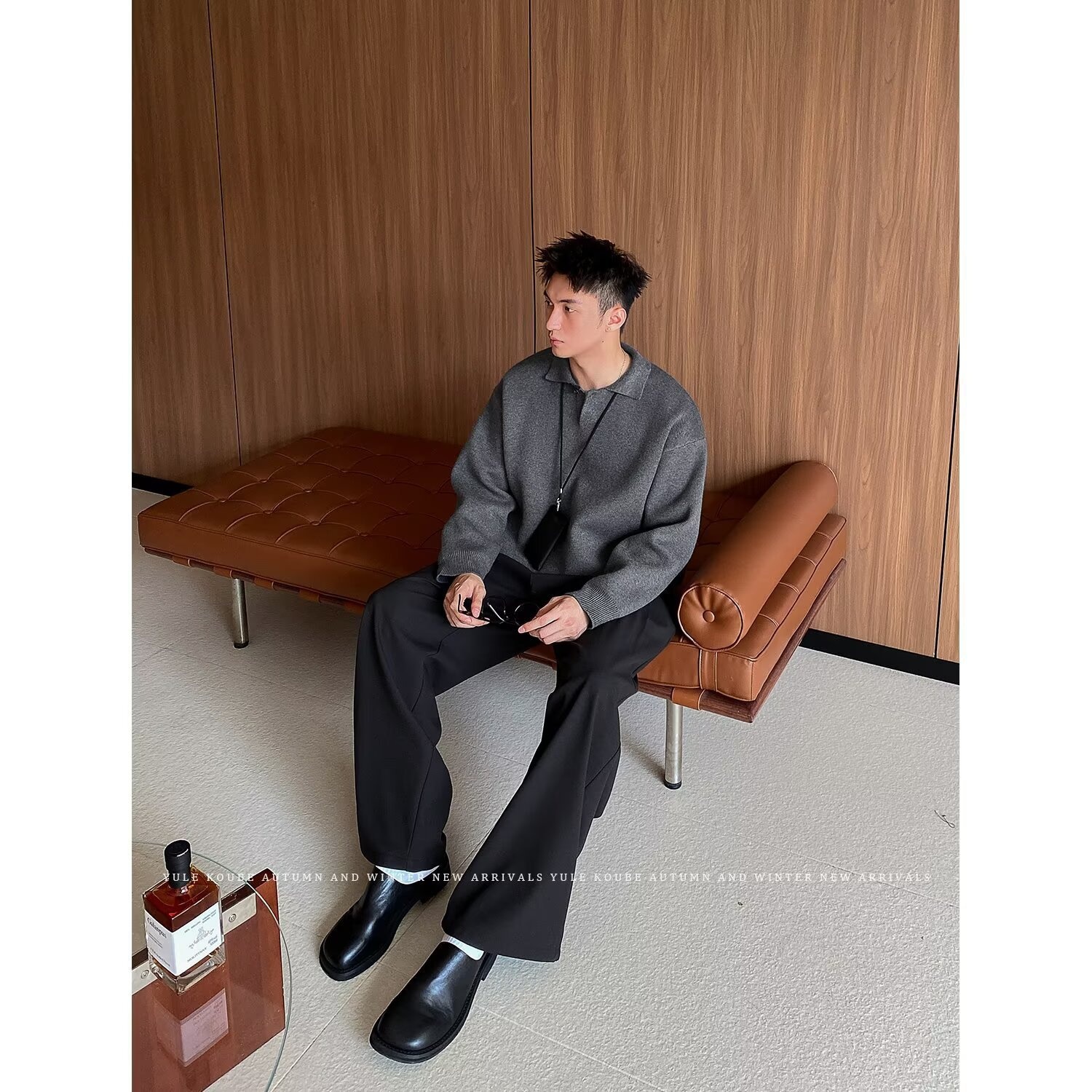 boy Boy Boy Boy Gray Polo Sweater Lazy High-End Feel Winter Heavyweight Turn-Down Collar Knitwear Men's American Cleanfit Jacket_voghion.com