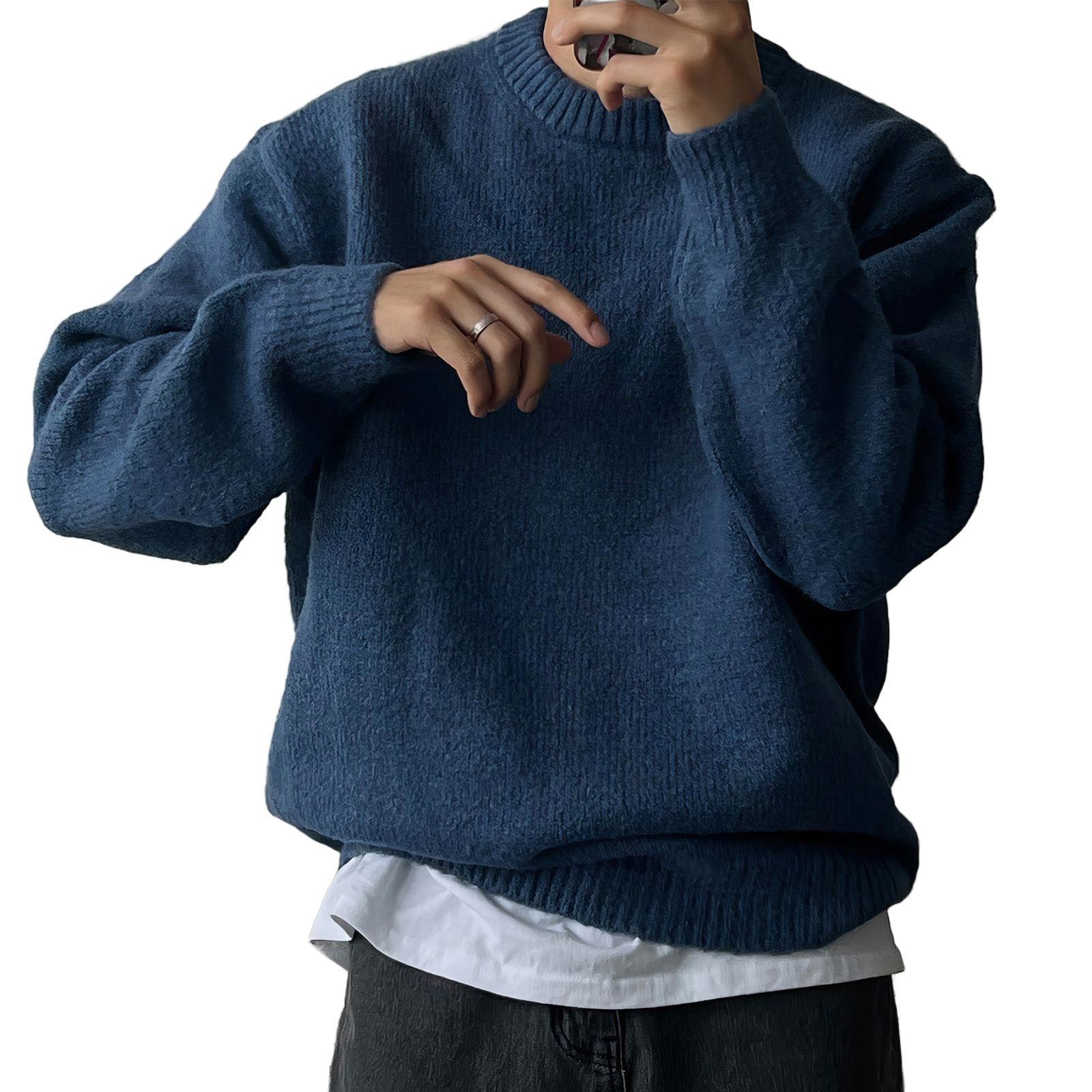 boy Boy Boy Boy Solid Color Drop Shoulder Round Neck Knitted Sweater For Men, Spring And Autumn Lazy Basic Versatile Sweater, Warm_voghion.com