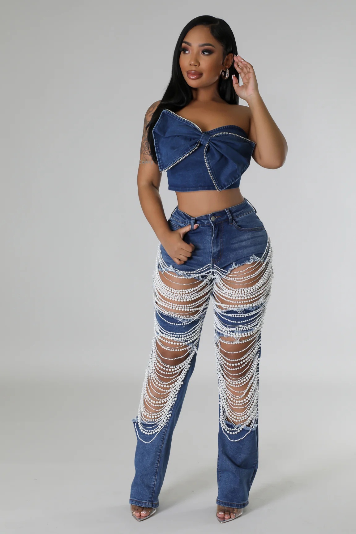 ChicShe Spicy Girl Zomer Europese en Amerikaanse Cross-Border Distressed Heavy Beaded Elastische Jeans Lange Broek Dames JEANS_voghion.com