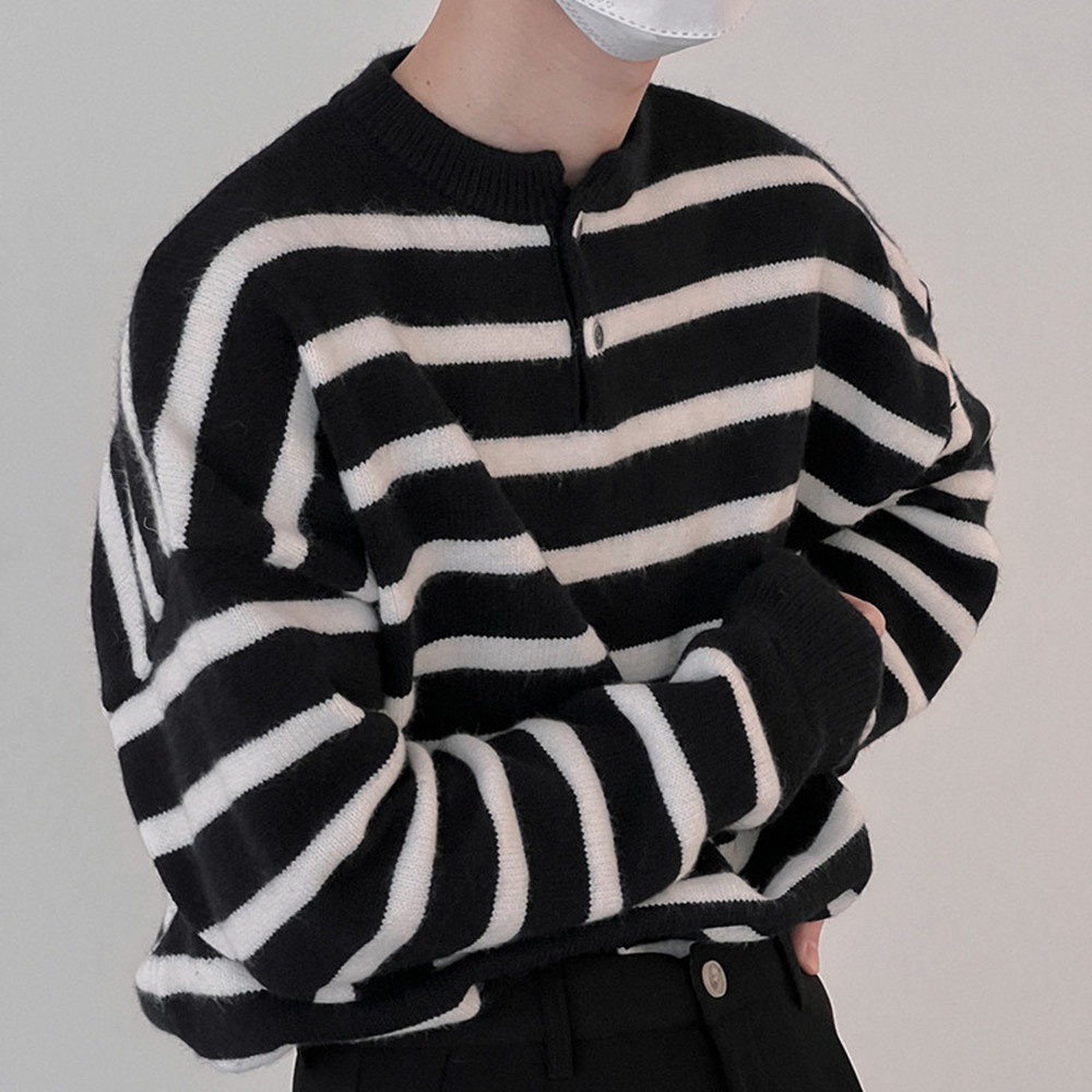 boy Boy Boy Boy Textured Japanese-Style Striped Sweater For Men With Buttons, Round Neck, Autumn Winter Casual Knitwear, Korean Version,_voghion.com