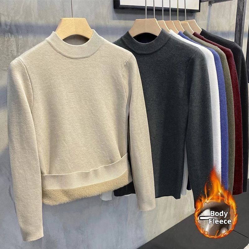 boy Boy Boy Boy Half Turtleneck Sweater For Men, Fleece-Lined Thickened, Autumn And Winter, Mid-Neck, Solid Color, Student Base Layer,_voghion.com