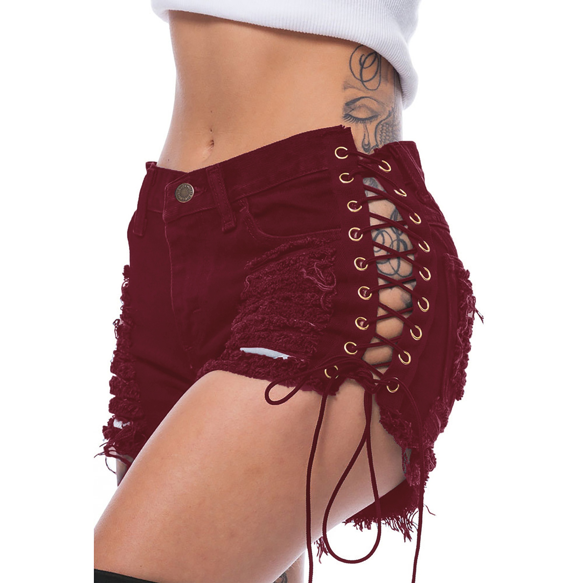ChicShe Beggar Ripped Jeans Eyelet Bandage Europese en Amerikaanse stijl Nachtclub Sexy Dames Hotpants_voghion.com