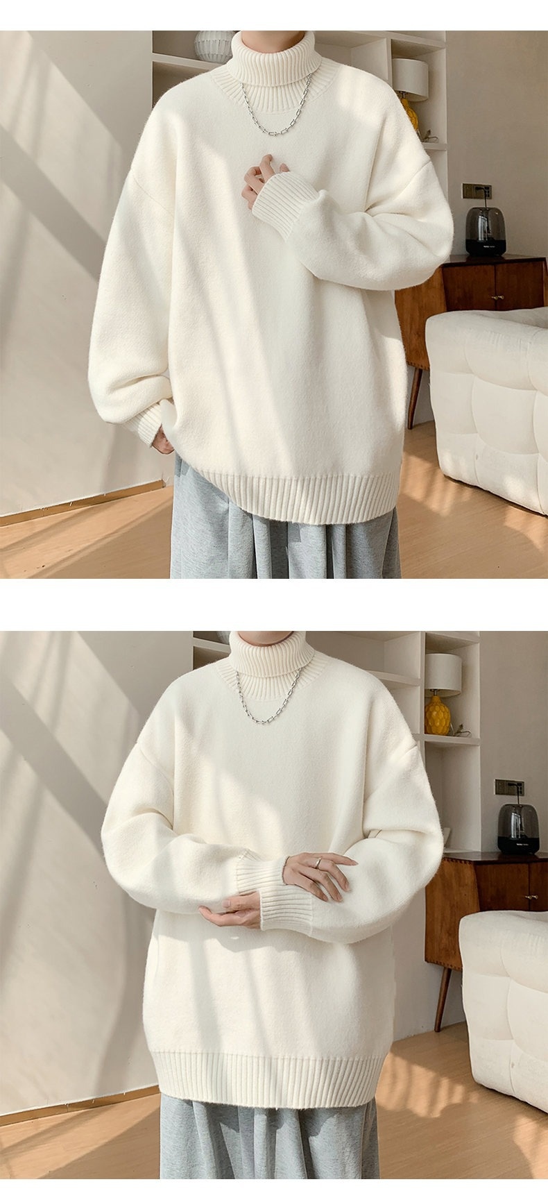 boy Boy Boy Boy Turnable High Collar Men Winter Plus Size Trendy Loose Fit Versatile Knitted Sweater Casual Inner Layer Base Shirt_voghion.com