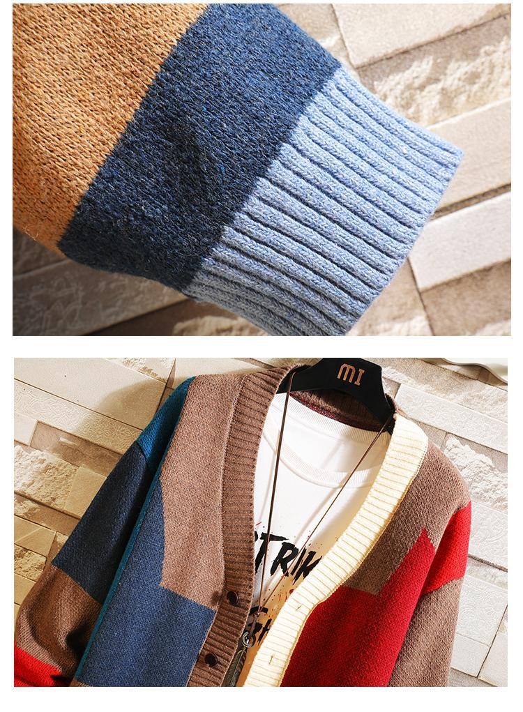 Herren-Cardigan für Jungen, Herbst/Winter, Design Sense Niche, V-Ausschnitt, Strick, locker, lange Ärmel, Patchwork, trendige Jacke_voghion.com