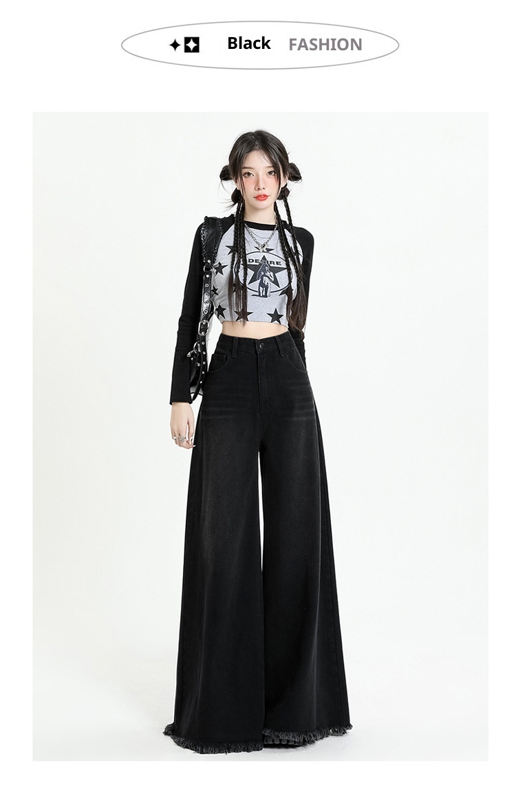 ChicShe ChicShe 2025 European American Cross-Border Street Style Black And Gray Wide-Leg Sweeping Pants Large Cuff Frayed Hem Jeans_voghion.com