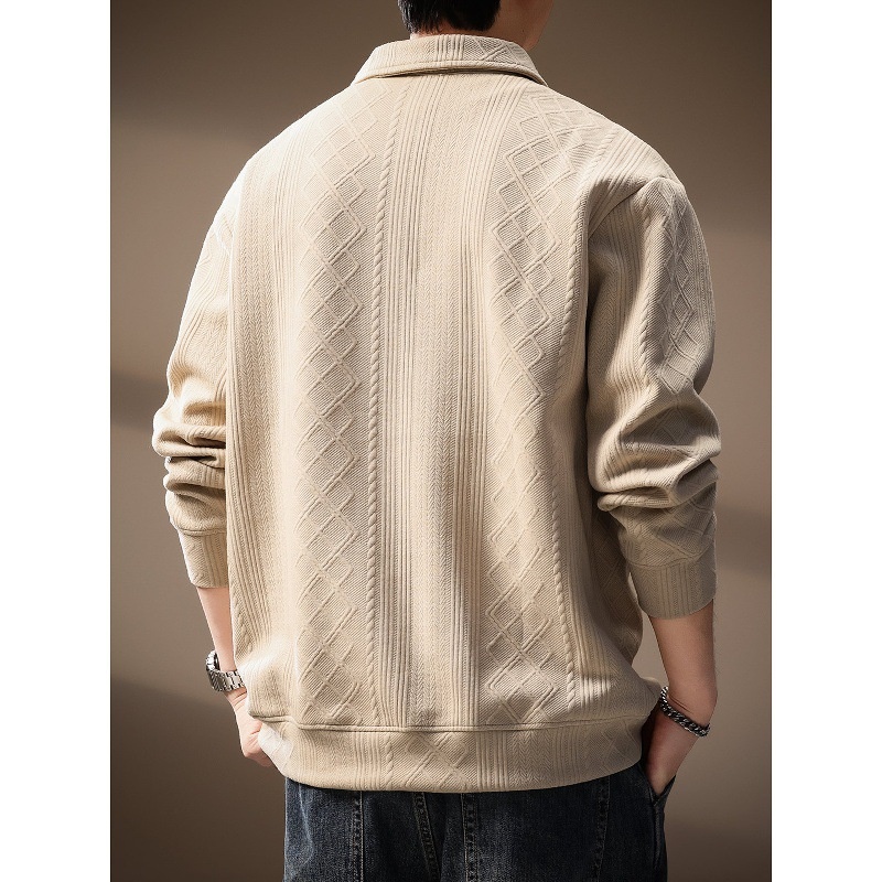 boy Boy High-Ed Frech Style Diamod Patter Jacquard Log-Sleeve Kit Sweater Me, Autum Textured Loose Fit Polo Shirt For_voghion.com