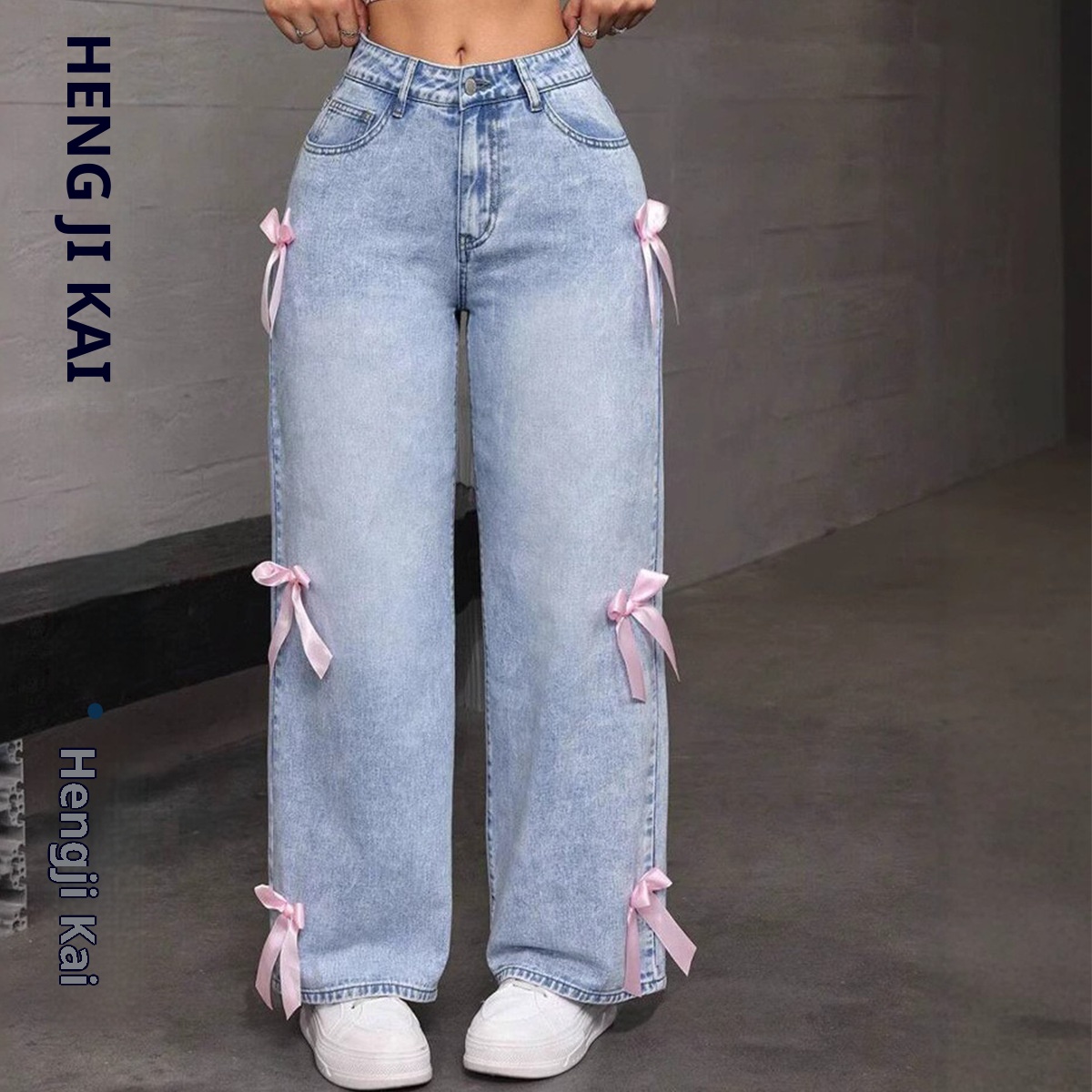 ChicShe Cross-Border Y2K Street Style Hot Girl Bow Patchwork Washed Jeans Losse Rechte Wijde Broek Ins_voghion.com