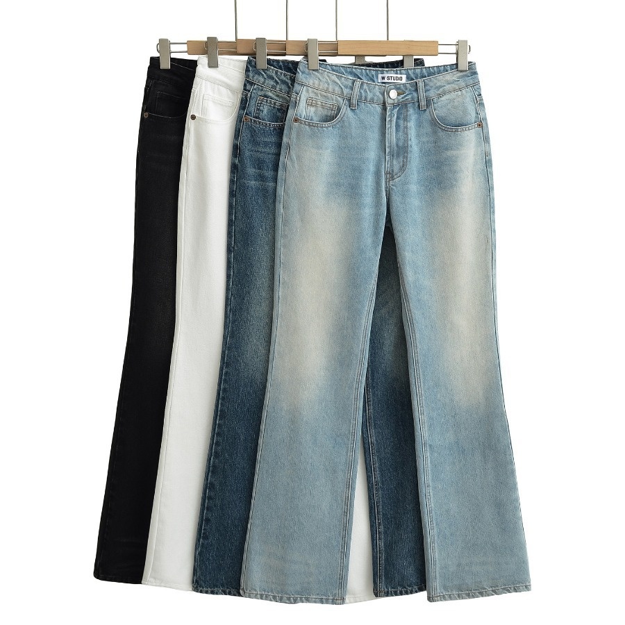 ChicShe 2025 Nieuwe INS Europese en Amerikaanse stijl gewassen witte mid-waist flared broek vloerlengte dames hoge taille afslankend_voghion.com