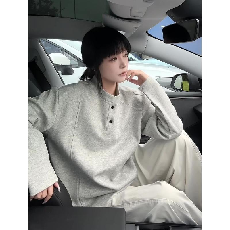 boy Henry Collar Regular Shoulder Sweatshirt For Men, Autumn Cleanfit American Style Deconstructed Patchwork Design Long_voghion.com