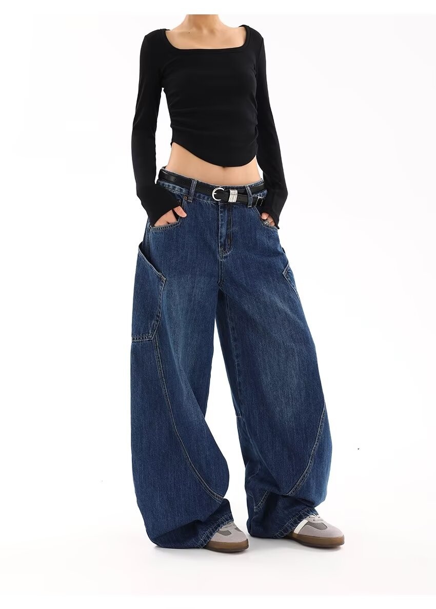 Jeans ChicShe American Retro Large Pocket Scimitar da donna, stile primaverile e autunnale, design High Street, gamba larga e ampia_voghion.com