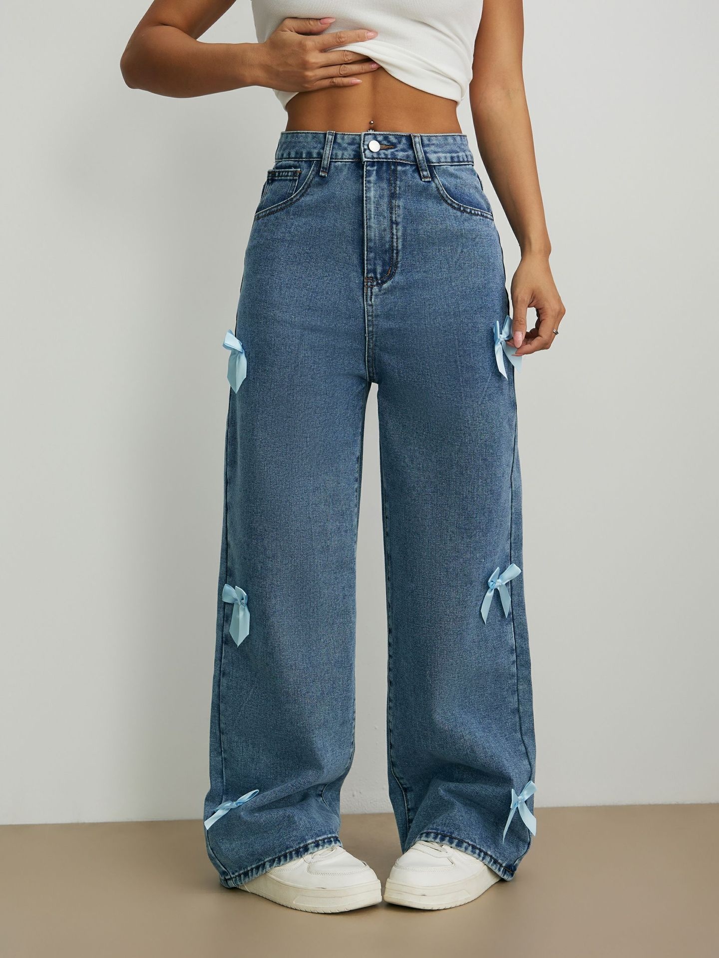 ChicShe Cross-Border Y2K Street Style Hot Girl Bow Washed Jeans Loose Straight Wide-Leg Pants JEANS_voghion.com