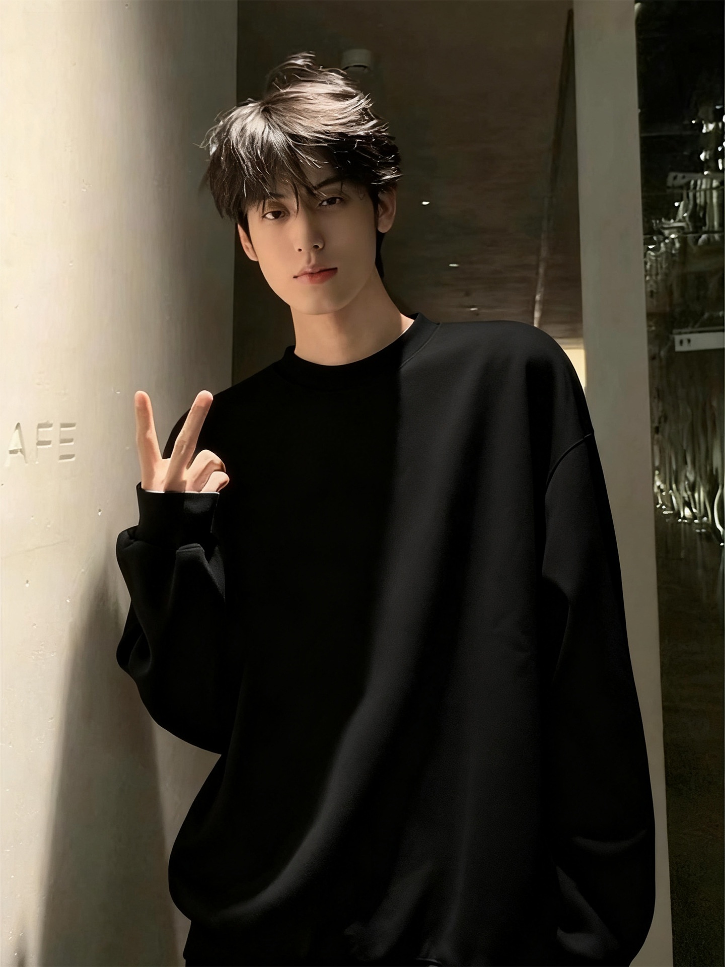 Schwarzes Herren-Sweatshirt im amerikanischen Stil, Herbst/Winter, Fleece, Cleanfit, schweres Langarmshirt aus reiner Baumwolle_voghion.com