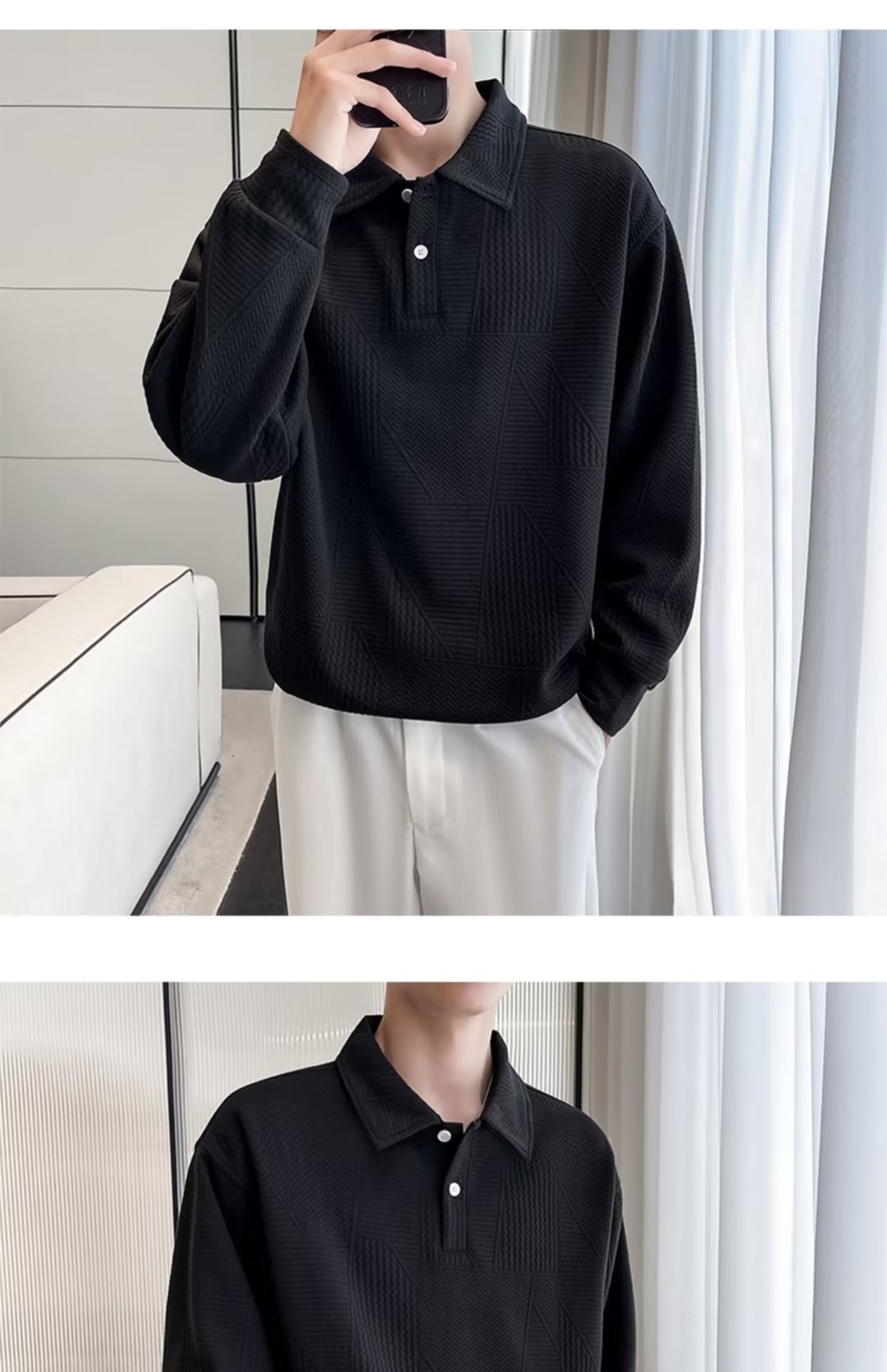 Polo da uomo con colletto rovesciato, modello primavera-autunno a nido d'ape, elegante e alla moda, versatile, casual e matura_voghion.com