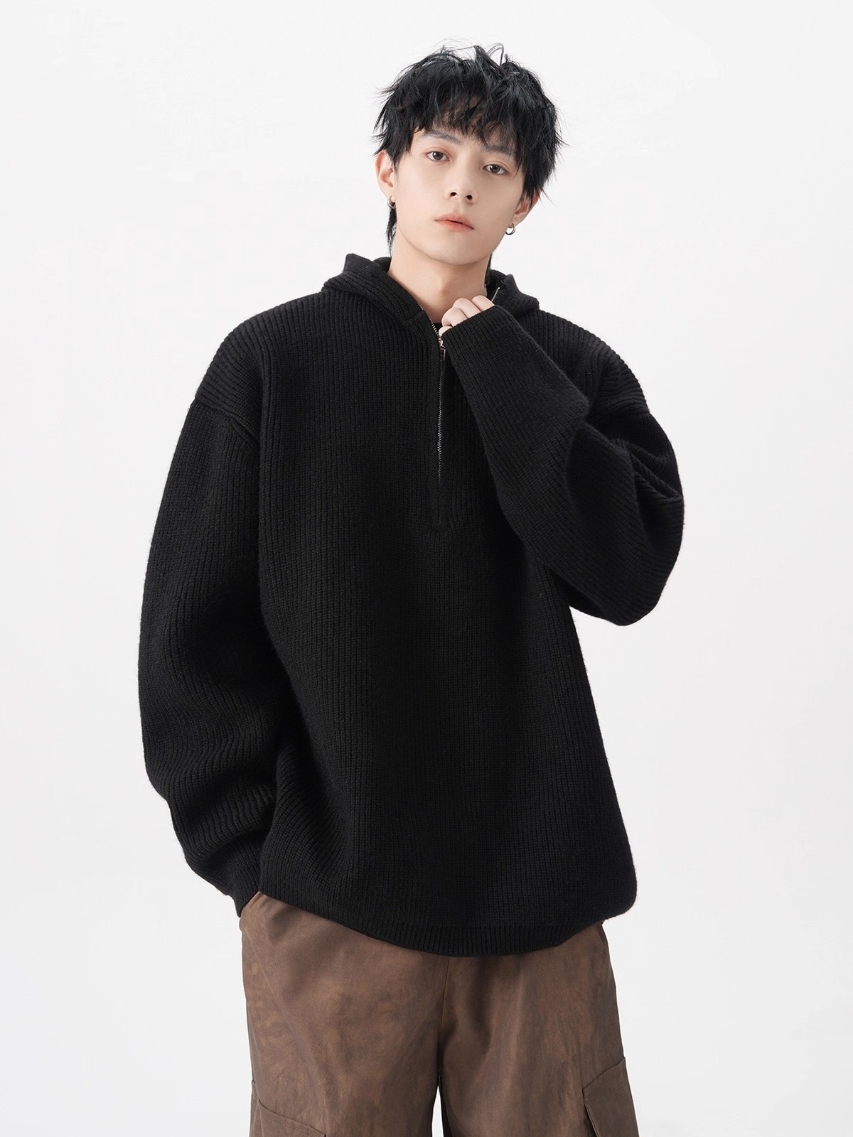 boy Boy Boy Boy Half-Zip Hooded Sweater For Men, Autumn Trendy Loose Cleanfit Knitwear, Lazy High-End Feel Couple's Jacket_voghion.com