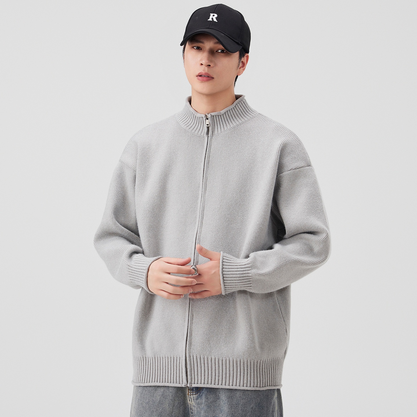 boy Boy Boy Boy Japanese Style Solid Color Heavyweight Zipper Cardigan Knitwear Versatile Casual Autumn Winter Light Sweater_voghion.com