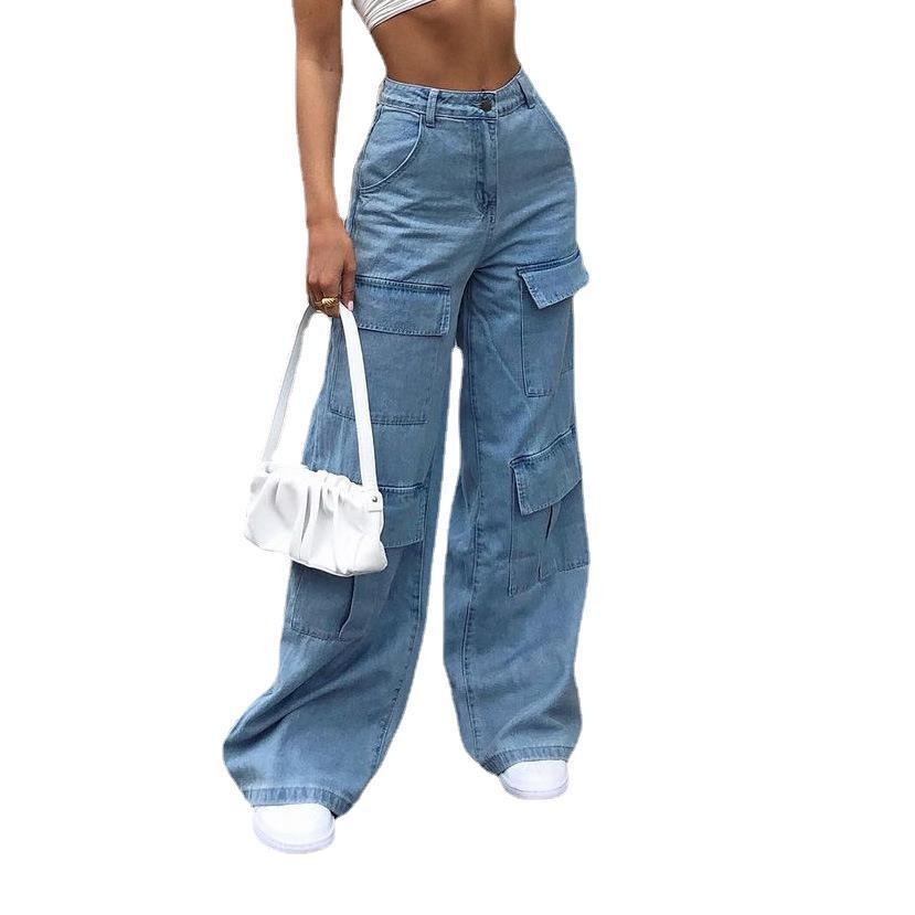 ChicShe In Stock European And American Cross-Border Jeans Washed Large Pocket Loose Women's Denim Pants_voghion.com