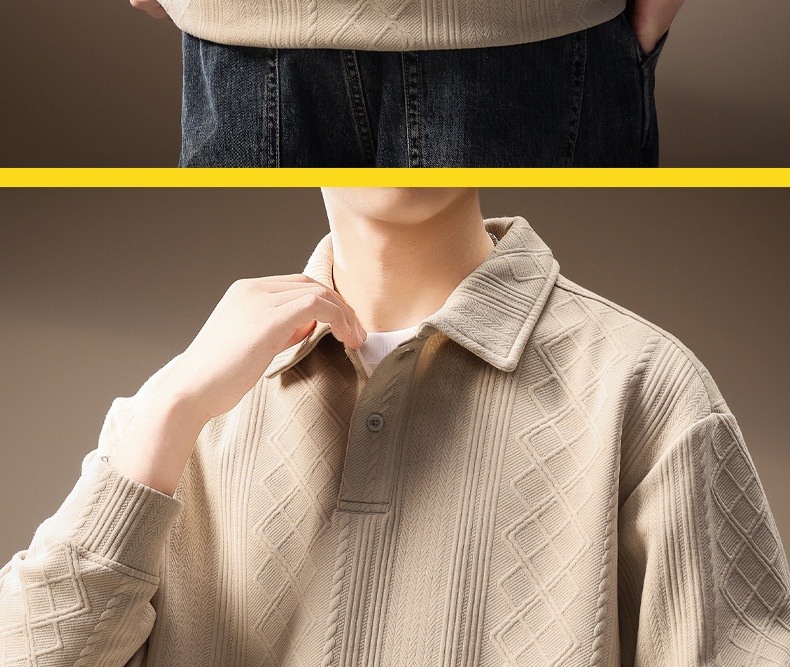 boy Boy High-Ed Frech Style Diamod Patter Jacquard Log-Sleeve Kit Sweater Me, Autum Textured Loose Fit Polo Shirt For_voghion.com