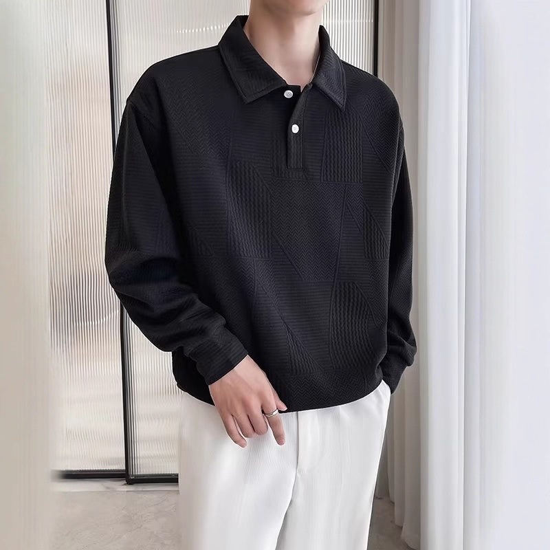 Polo da uomo con colletto rovesciato, modello primavera-autunno a nido d'ape, elegante e alla moda, versatile, casual e matura_voghion.com