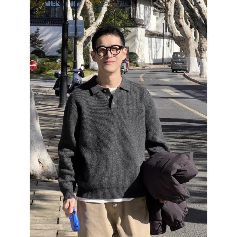boy Boy Boy Boy Japanese Style Casual Light Lapel Sweater For Men, Autumn Lazy Polo Knitwear, Simple Versatile Loose Top_voghion.com