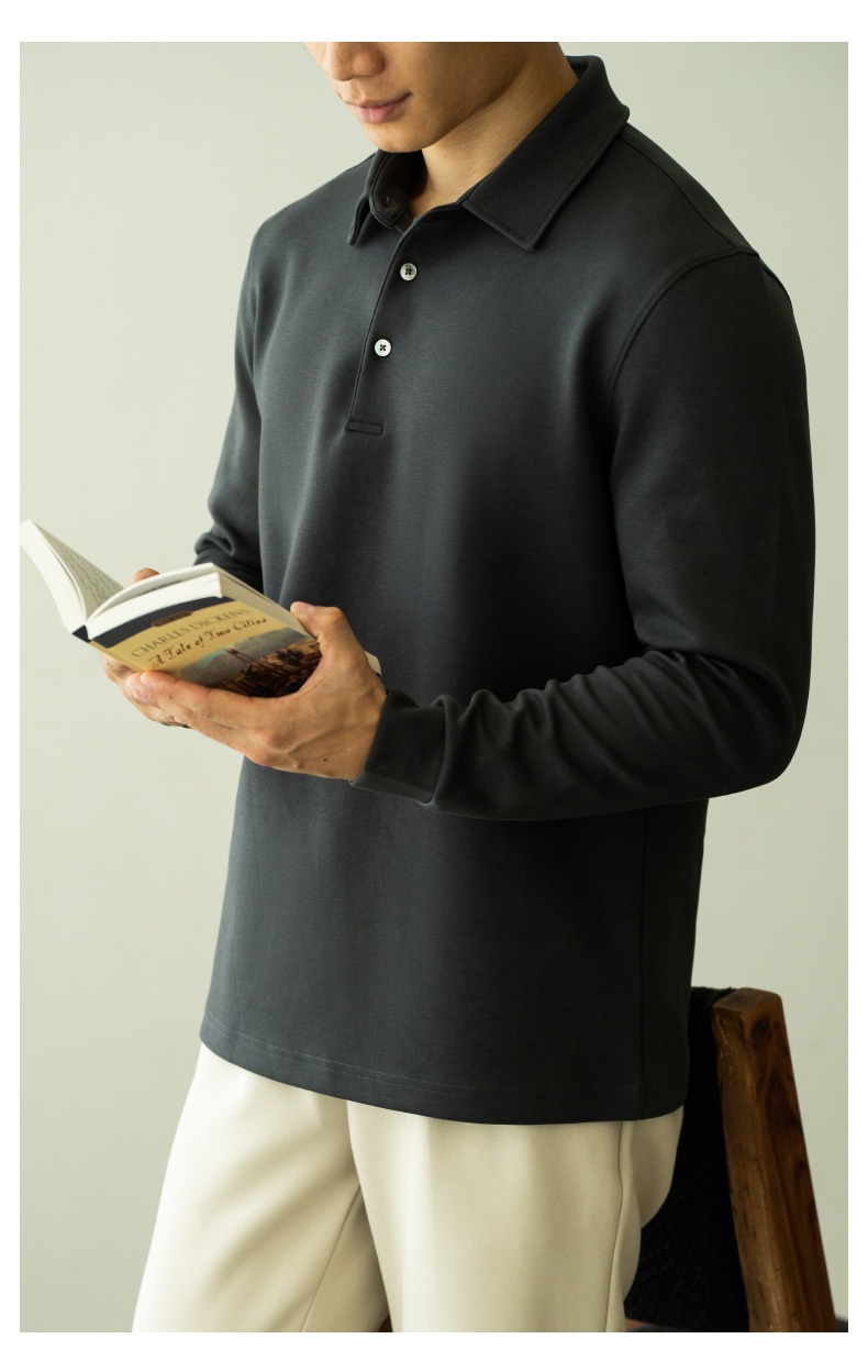 Polo da uomo a maniche lunghe con colletto rovesciato, stile business casual, stile pendolare, modello Boy, pesante, double-face, a strati d'aria, primavera 2025_voghion.com