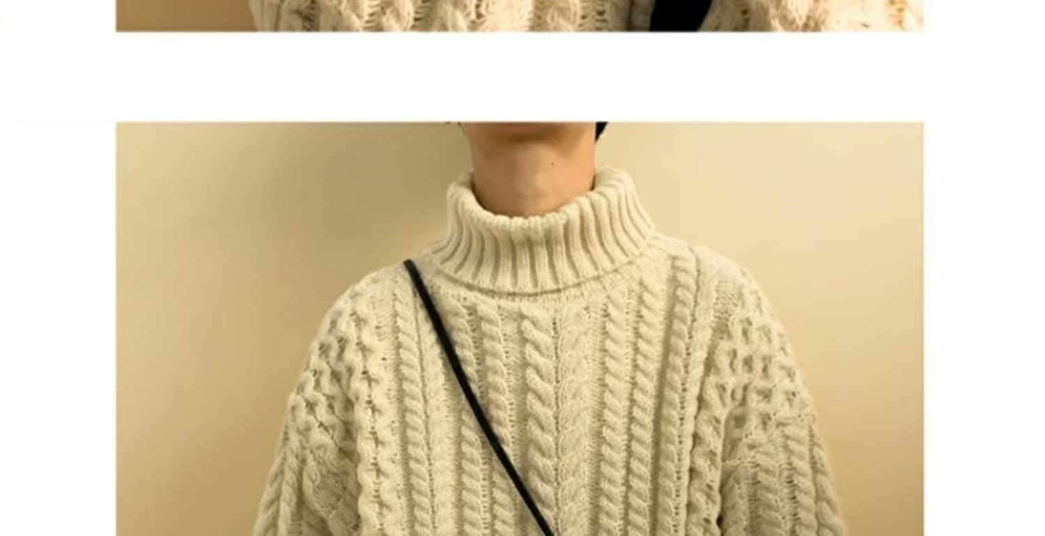 Pull en maille épaisse à torsades pour homme, col montant, automne-hiver, style américain décontracté, haut de gamme._voghion.com