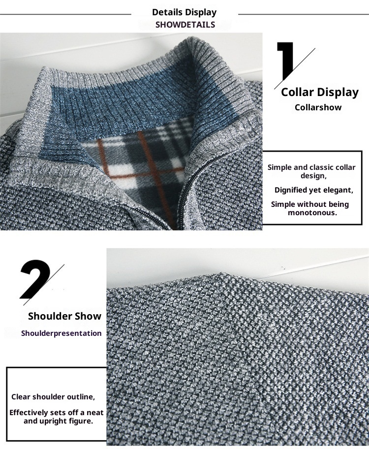 Jungen-Strickjacke aus dickem Fleece, Herren-Freizeitstrickjacke mit Stehkragen, Halbstrickjacke 8146#_voghion.com