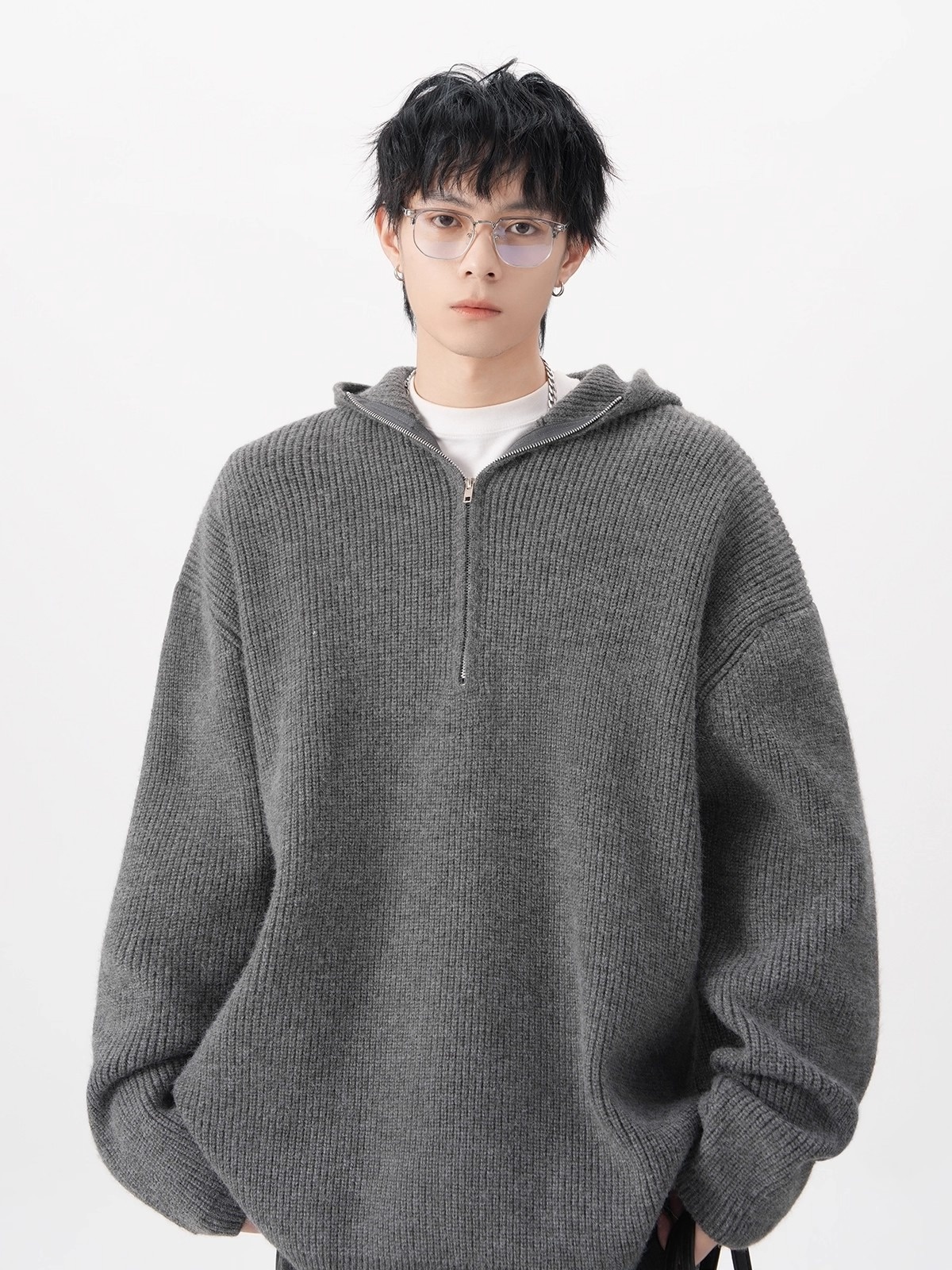 boy Boy Boy Boy Half-Zip Hooded Sweater For Men, Autumn Trendy Loose Cleanfit Knitwear, Lazy High-End Feel Couple's Jacket_voghion.com
