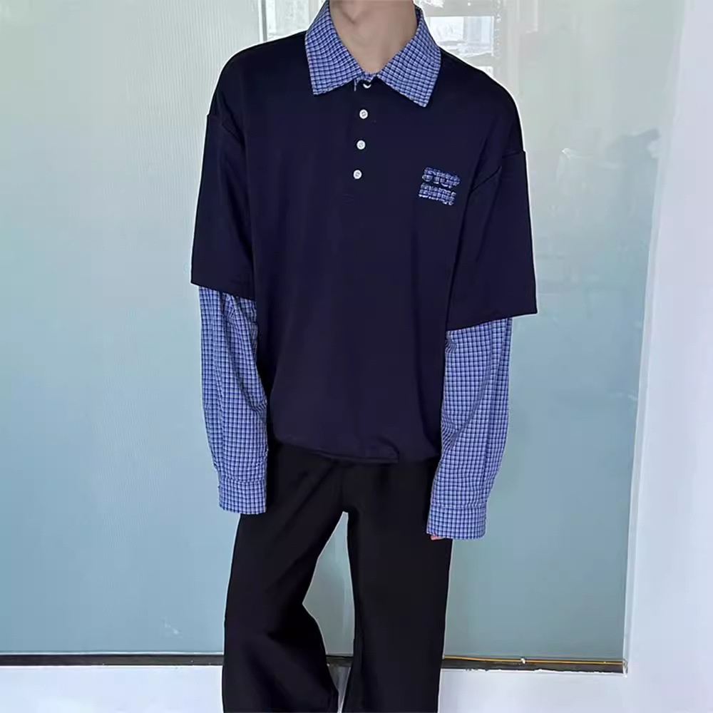 boy Boy Two-Piece American Retro Polo For Men, Spring And Autumn Style, Trendy Brand, High-End Sweatshirt, Plaid Patchwork_voghion.com