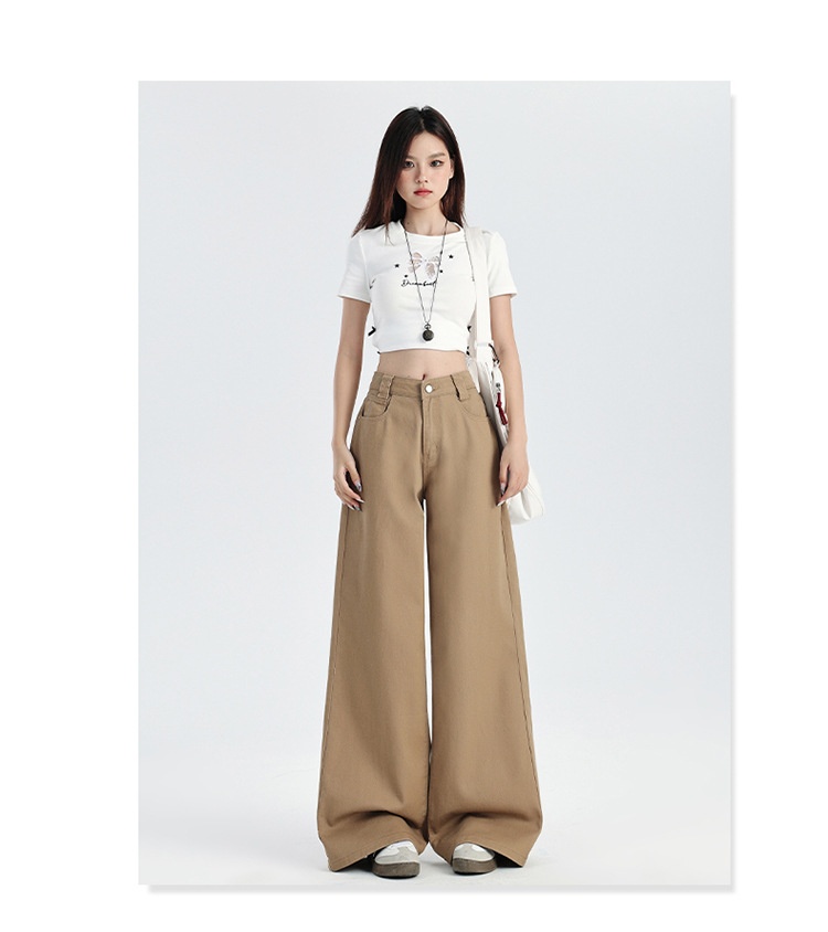 ChicShe Hong Kong-stijl rechte jeans voor dames, zomer, nieuwe high-end Latte Brown losse, afslankende, wijde broek tot op de grond_voghion.com