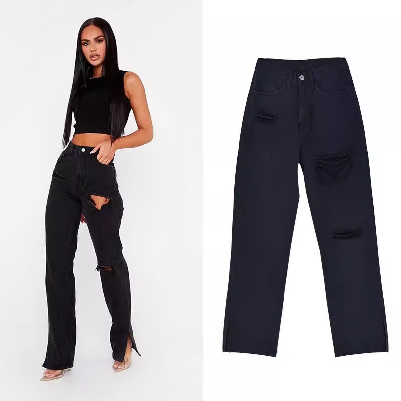 ChicShe European American Women's Fashion High Waist Slimming Straight Leg Jeans Floor-Length With Ripped Cuffs And Slit Hem_voghion.com