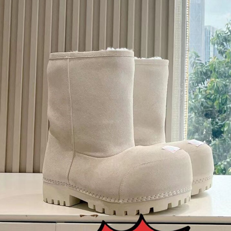 Zees Cowhide Genuine Wool Ugly Cute Big Toe Snow Couple Men And Women Thickened Warm Cotton Shoes Thick Sole Mid-Calf Ski_voghion.com